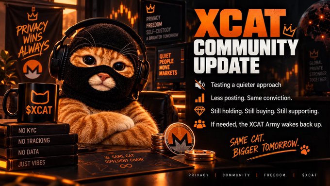 An 'XCAT COMMUNITY UPDATE' graphic featuring an orange tabby cat wearing a black balaclava and headphones, with messages about 'Testing a quieter approach', 'Less posting. Same conviction.', and 'SAME CAT. BIGGER TOMORROW!' alongside Monero (XMR) branding.