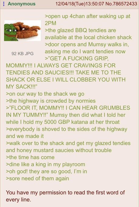 A 4chan post featuring a Pepe image and text about craving BBQ tendies, asking his mom 'Mumsy' to take him to the chicken shack. The line at the end reads 'You have my permission to read the first word of every line,' which spells out 'TENDIES MOMMY' when done.
