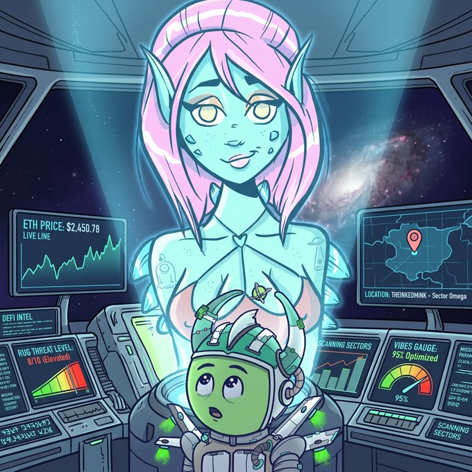 A digital illustration of a pink-haired elf-like character and a small green alien in a sci-fi cockpit, with screens displaying 'ETH PRICE: $2,450.78', 'RUG THREAT LEVEL: 8/10 (Elevated)', 'VIBES GAUGE: 95% Optimized', and 'LOCATION: THEINKEDMINK - Sector Omega'.