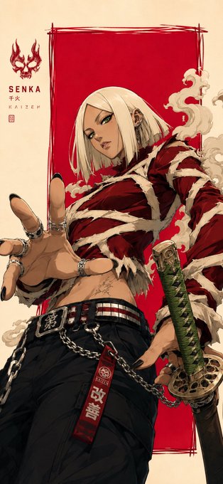 Anime-style character art of a white-haired warrior in a red and white top with a sword, against a red background with 'SENKA' branding visible.