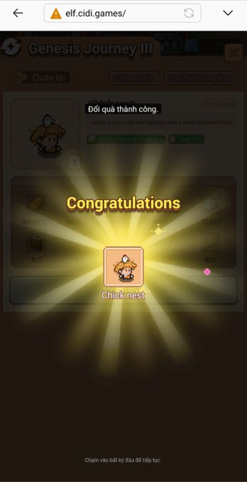 Screenshot from elf.cidi.games of "Genesis Journey III" showing a "Congratulations" pop-up for obtaining a "Chick nest" NFT/hat.