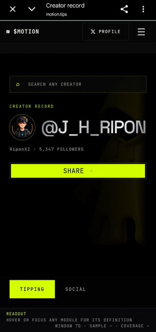 A creator profile page for '@J_H_RIPON' (RiponXZ) with 5,347 followers on the motion.tips platform, featuring a bright yellow 'SHARE' button under the 'CREATOR RECORD' tab.
