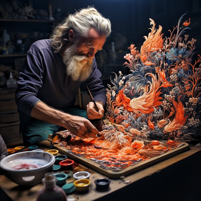 A bearded elderly artist with long gray hair meticulously paints an intricate, ornate artwork featuring vibrant orange floral and phoenix-like motifs on a wooden board, surrounded by colorful paint pots.