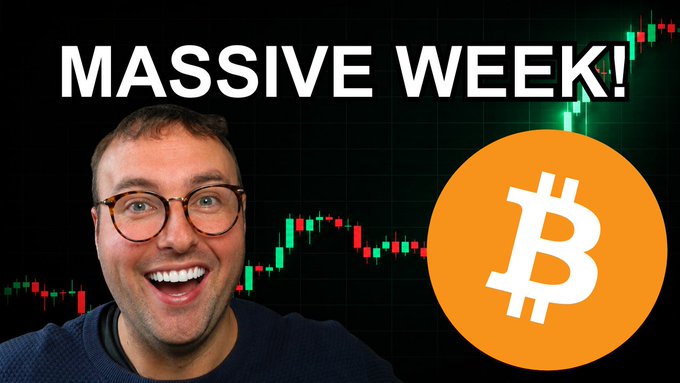A man wearing glasses smiles enthusiastically in front of a graphic displaying 'MASSIVE WEEK!' alongside a large orange Bitcoin logo and a green and red candlestick chart.