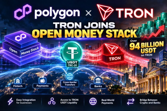 A promotional graphic announces 'TRON JOINS OPEN MONEY STACK' featuring Polygon and TRON logos, highlighting 'Over 94 BILLION USDT on TRON' and use cases like Fintech, Payments, Cross-border Transfers, and Banks.