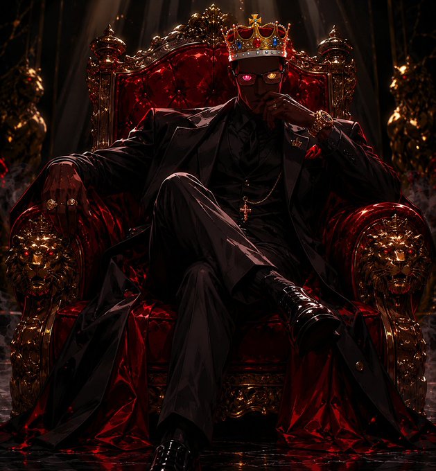 A figure wearing a golden crown with jewels, pink-lensed glasses, and a dark suit sits on an ornate red throne with golden lion armrests, surrounded by dramatic red lighting.