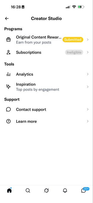 Screenshot of the Threads app Creator Studio menu showing "Original Content Rewards" as Submitted, with options for Subscriptions (Ineligible), Analytics, Inspiration, and Support.