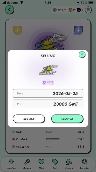 iphone screen displays a shopping app with a yellow bird and purple dragon, featuring a "Sell" button and price information.
