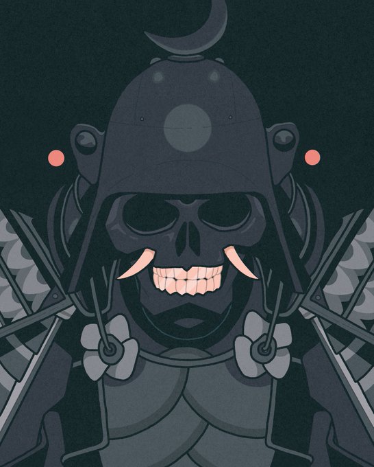The image showcases a striking dark, stylized illustration of a skeletal samurai figure with a crescent moon atop its helmet and glowing tusks, giving it an eerie, powerful aesthetic. It complements the post by visually representing the impressive and enduring artistry of the @RENGA_inc and COSMOS NFT collections, highlighting how their dark, intricate designs have only grown more compelling with time.