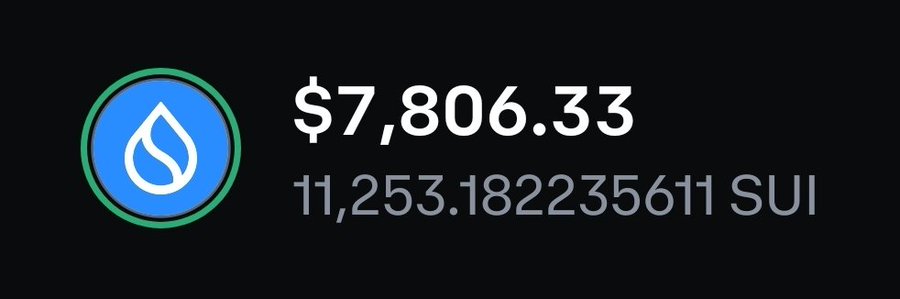 A digital display showing a cryptocurrency balance of $7,806.33, equivalent to 11,253.182235611 SUI, alongside the Sui blockchain logo (a blue water droplet with a green circular border).