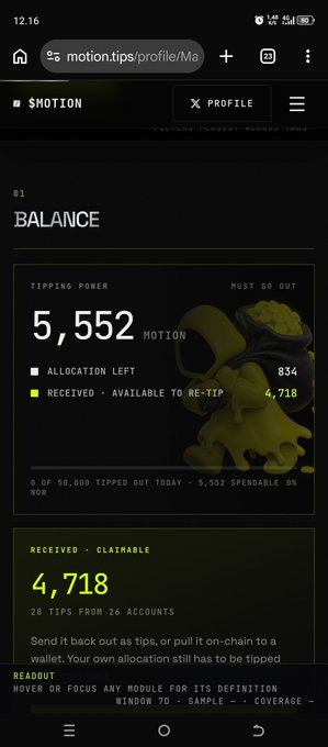 A screenshot of a motion.tips profile page showing a balance of 5,552 MOTION, with 4,718 received available to re-tip from 28 tips across 26 accounts.