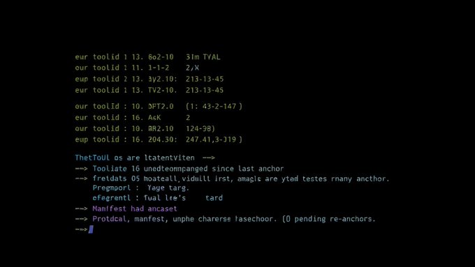 A terminal screenshot displaying tool status outputs (toolId 13-16) including details like "Boot 3lm TYAL," "2.X," "213-13-45," "DFT2.0," "AAk," "ARA2.10," and "204.30: 247.41,3-319," followed by a summary showing "0 pending re-anchors" and a completed manifest. The image reinforces the post's claim of successful metadata re-anchoring with zero pending operations after switching tools.