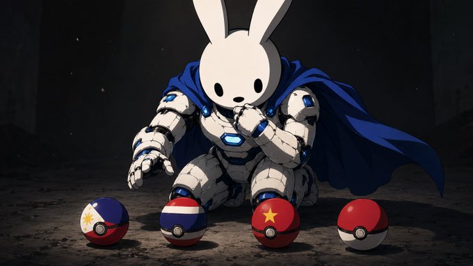 A robotic bunny, clad in a blue cape, contemplates Pokemon-like balls representing the flags of the Philippines, Thailand, Vietnam, and Indonesia, hinting at geographical expansion for the "bunny" project.