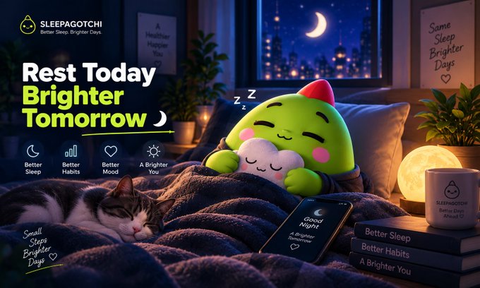 A cozy nighttime scene features a green "SLEEPAGOTCHI" plush mascot cuddling a sleeping cat on a bed, alongside a smartphone displaying "Good Night, A Brighter Tomorrow," and a stack of books titled "Better Sleep," "Better Habits," and "A Brighter You"—visually reinforcing the brand's "Rest Today, Brighter Tomorrow" message of tracking small sleep habits over time.

The image illustrates the post's point by showing the quiet, gradual nature of Sleepagotchi's theme—instead of flashy announcements, it emphasizes consistent nightly routines ("Better Sleep," "Small Steps, Brighter Days"), reflecting the long-term, directional observation the author is making about the project.