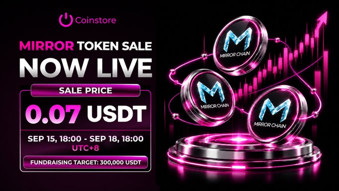 Promotional graphic for Coinstore's MIRROR TOKEN SALE NOW LIVE at 0.07 USDT from September 15-18 at 18:00 UTC+8, with a fundraising target of 300,000 USDT, featuring 3D Mirror Chain tokens.