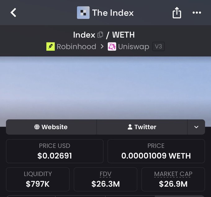 A cryptocurrency tracking screen displays "The Index" token ($INDEX) paired with WETH on Uniswap V3 via Robinhood Chain, showing a price of $0.02691 USD (0.00001009 WETH), liquidity of $797K, FDV of $26.3M, and market cap of $26.9M. The image supports the post's bullish thesis on $INDEX as a prominent RWA project on Robinhood Chain, visualizing its current market metrics that the author expects to surge once a major catalyst arrives.