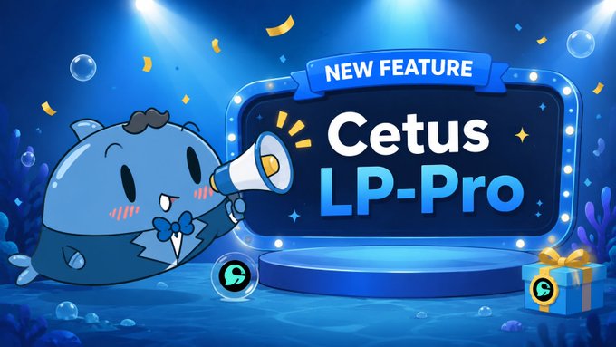 A promotional banner for 'Cetus LP-Pro' featuring a cute blue whale mascot in a tuxedo holding a megaphone, with underwater blue styling and celebratory confetti.