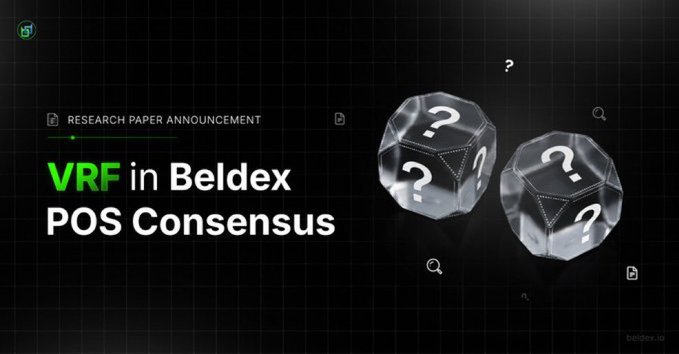 A promotional graphic titled 'RESEARCH PAPER ANNOUNCEMENT: VRF in Beldex POS Consensus' featuring two transparent dice with question marks on a dark grid background (beldex.io).