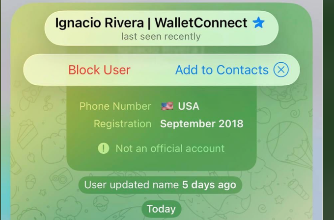 A Telegram profile information popup for 'Ignacio Rivera | WalletConnect' (marked as not an official account), showing options to 'Block User' and 'Add to Contacts', with a USA phone number and registration date of September 2018.