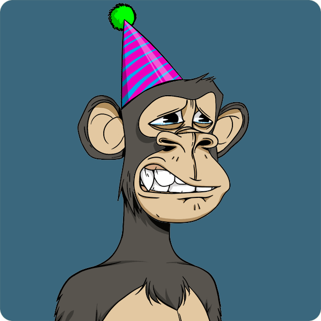 A cartoon illustration of a bored-looking monkey wearing a colorful pink and blue striped party hat with a green pom-pom.
