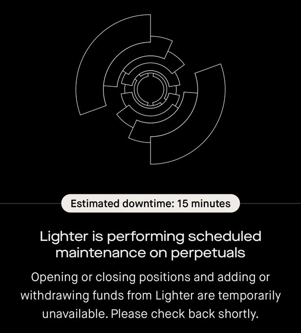 A Lighter maintenance screen displays a circular geometric logo above a message reading "Estimated downtime: 15 minutes" and "Lighter is performing scheduled maintenance on perpetuals," notifying users that opening/closing positions and deposits/withdrawals are temporarily unavailable—directly mirroring the post's update about the 15-minute Lighter perps maintenance pause.