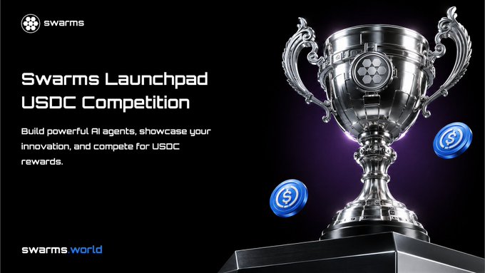 The image showcases the "Swarms Launchpad USDC Competition," featuring a large silver trophy adorned with a Swarms logo, alongside floating USDC coins. The accompanying text invites participants to build and launch AI agents or prompts using USDC between August 26 and September 2 UTC to compete for a share of the $1,000 USDC prize pool, with the trophy symbolizing the rewards up for grabs.