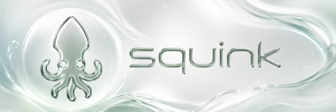 A logo featuring a silver/chrome squid icon next to the text 'squink' on a white and silver fluid-like background.