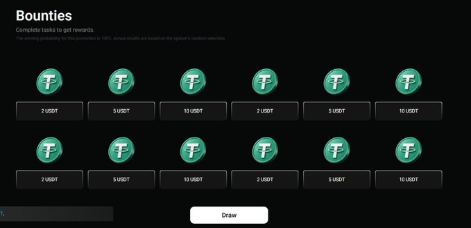 A dark-themed digital interface titled 'Bounties' displays two rows of Tether (USDT) token icons in green, each labeled with denominations of 2, 5, or 10 USDT, with a 'Draw' button at the bottom.