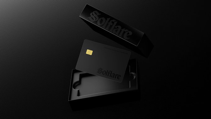 A sleek black product photograph showing a Solflare cryptocurrency hardware wallet or card displayed in its packaging box on a dark textured surface.