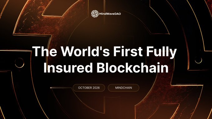 A promotional graphic with a dark orange and black tech-themed background reading "The World's First Fully Insured Blockchain" with tags "OCTOBER 2026" and "MINDCHAIN" under the MindWaveDAO logo.