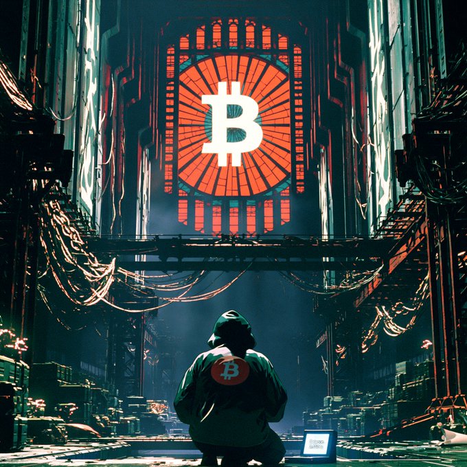 The image features a person kneeling down with their hands on their knees, looking at a laptop computer that has "bitcoin" written on its screen. The scene takes place in an industrial setting, possibly a factory or warehouse, which adds to the overall atmosphere of uncertainty and risk associated with Bitcoin. The post about Bitcoin emphasizes the importance of faith when it comes to investing in this digital currency, as it is often referred to as a "digital gold." This message seems to be related to the image's theme, suggesting that Bitcoin may hold value for those who believe in its potential despite its uncertain future.