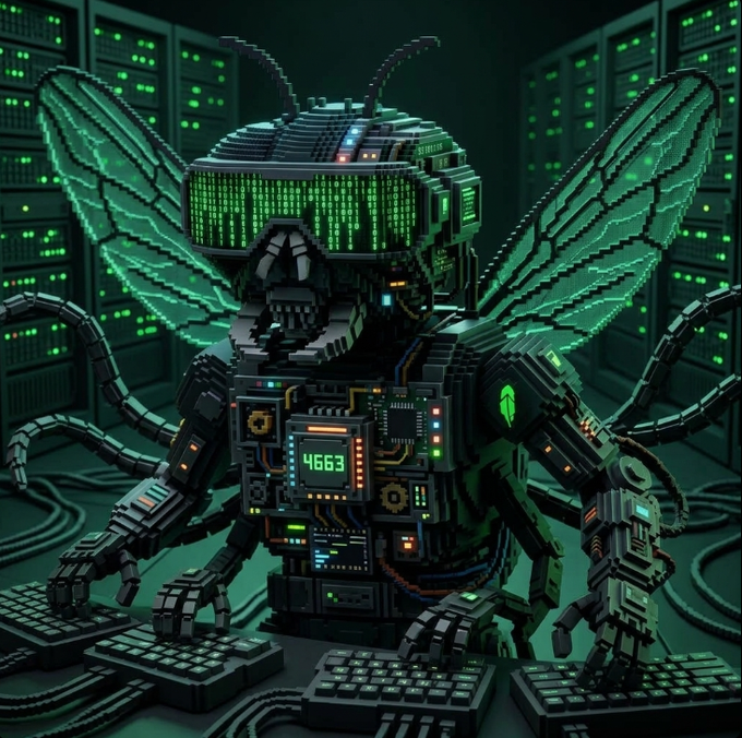 A digital artwork depicts a robotic, insect-like creature with green LED code for eyes and a display reading '4663' in a server room.