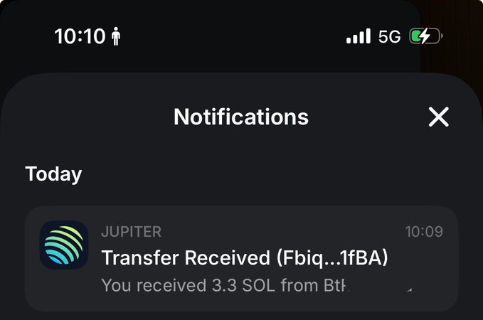 A phone notification from Jupiter shows "Transfer Received" for 3.3 SOL at 10:09, humorously illustrating the post's claim that "we all made 3sol today."