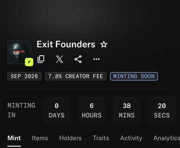 A dark-themed webpage for 'Exit Founders' shows an upcoming NFT mint with a countdown timer of 0 days, 6 hours, 38 minutes, and 20 seconds remaining.