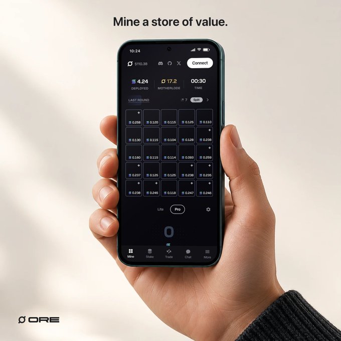 A promotional image showing a hand holding a smartphone displaying the ORE app interface with the tagline 'Mine a store of value.' at the top.
