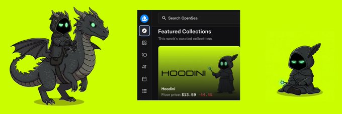 A dark-themed hooded ninja/dragon mascot character alongside a character named "HOODINI" appears on an OpenSea featured collection page showing a floor price of $13.59, indicating the Hoodini NFT collection is being promoted on the OpenSea marketplace alongside the post's reference to Robin the Hoodini's launch.