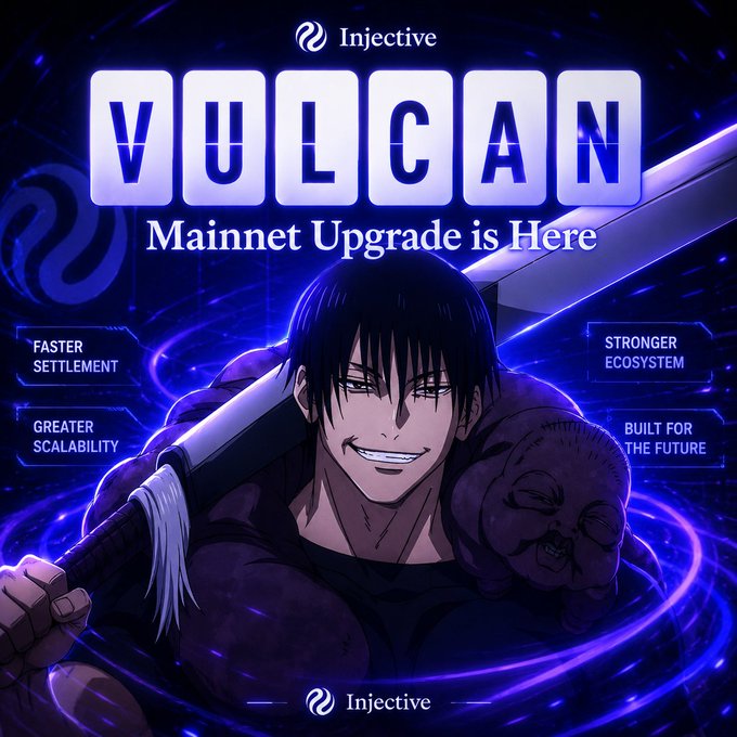 The image features an anime character with a sword, standing against a dark blue background. The character's face is lit up with a smile as they pose for the camera. The text "VULCAN" is prominently displayed above them, indicating that this is a network upgrade related to the popular game series, "VULCAN". This update has been officially launched on mainnet and is now available for download.