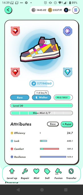 A mobile game screenshot displaying a digital sneaker NFT with attributes like Efficiency, Luck, Comfort, and Resilience, with options to Level up, Repair, Mint, Sell, Fusion, and Transfer.