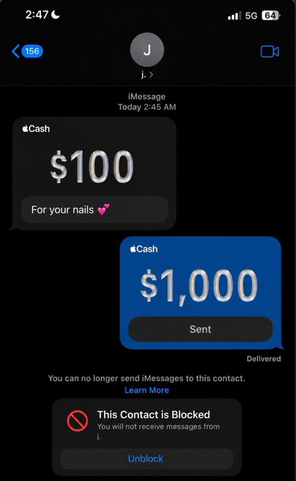 The image shows an iMessage conversation where contact "J" offers a $100 Apple Cash payment ("For your nails 💕"), followed by the user responding with a $1,000 Apple Cash payment marked "Sent" — illustrating that $100 wasn't enough to "move" them.