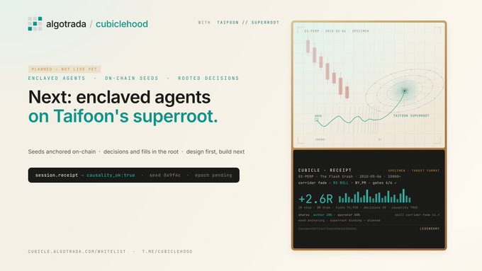 A digital promotional page for 'algotrada / cubiclehood' announces 'Next: enclaved agents on Taifoon's superroot' alongside abstract data visualizations and technical interface snippets.