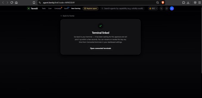 A dark-themed screenshot of the TermiX platform showing a confirmation modal that reads "Terminal linked" with a success message indicating approval and approval/withdraw permissions are valid for 60 seconds, along with an "Open connected terminals" button. This relates to the post by illustrating the next step in the agent commerce flow, where spending authority and scoped permissions become critical once escrow funding is introduced.
