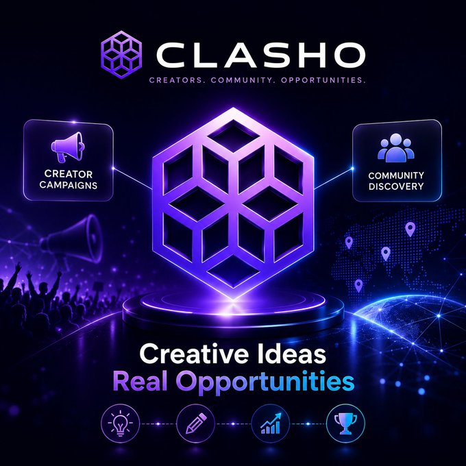 Promotional graphic for "CLASHO - CREATORS. COMMUNITY. OPPORTUNITIES." featuring a glowing purple hexagonal logo, with sections for "CREATOR CAMPAIGNS" and "COMMUNITY DISCOVERY," and the tagline "Creative Ideas Real Opportunities."