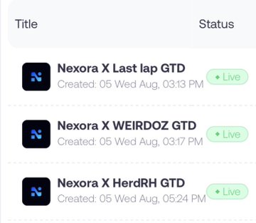 A mobile app interface showing a list of 'Nexora X' events with a 'Live' status, including 'Last lap GTD', 'WEIRDOZ GTD', and 'HerdRH GTD', all created on Wednesday, August 5.