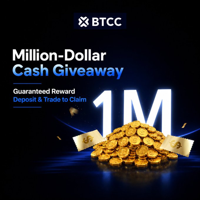 A promotional graphic from BTCC announcing a 'Million-Dollar Cash Giveaway' with the text 'Guaranteed Reward - Deposit & Trade to Claim' over an image of gold coins and a glowing '1M'.
