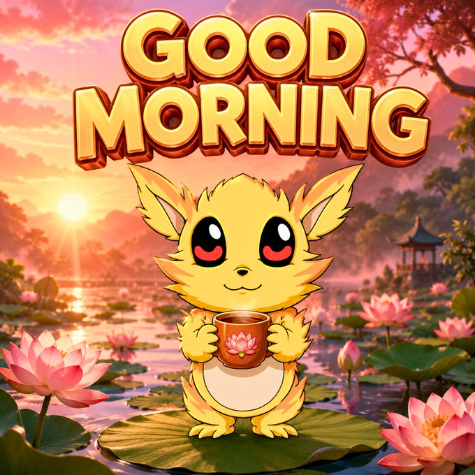 A "GOOD MORNING" greeting card featuring a cute yellow fox-like creature holding a mug with a lotus design, sitting on a lily pad in a serene pond surrounded by pink lotus flowers at sunrise.