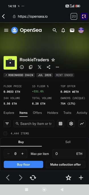 A mobile screenshot of OpenSea.io showing the 'RookieTraders' NFT collection page with a floor price of 0.0033 ETH and 754 unique owners.