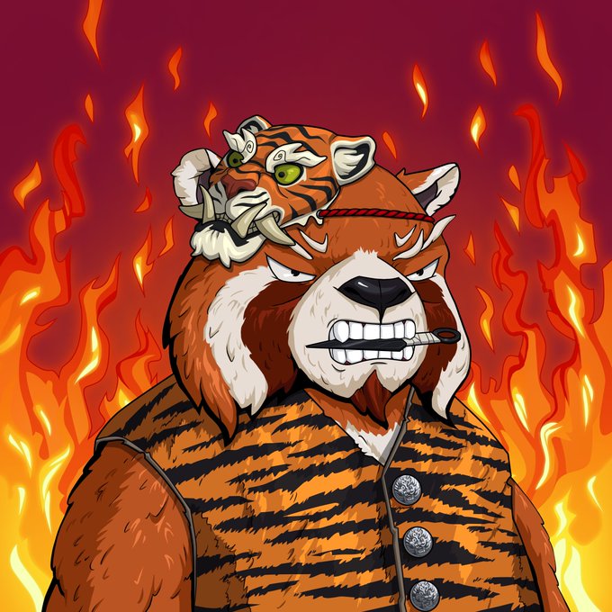 A digital illustration shows an anthropomorphic tiger with a smaller tiger mask on its head, baring its teeth with a toothbrush, set against a background of flames.