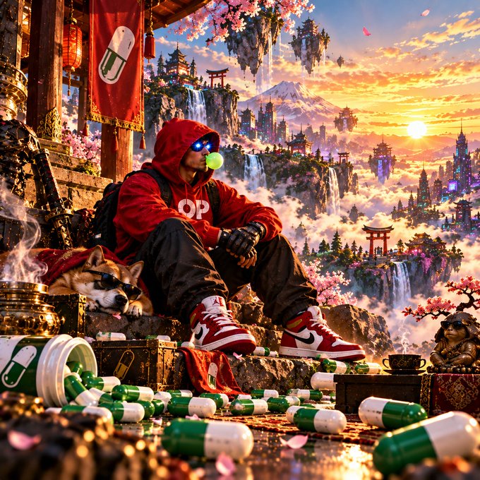 A stylized digital artwork depicting a hooded figure in a red jacket and red Nike sneakers sitting on temple steps alongside scattered green and white pills, with a Shiba Inu dog and a fantasy landscape in the background.