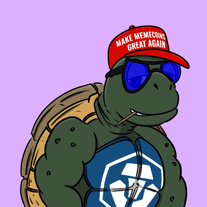A cartoon illustration depicts a muscular turtle wearing sunglasses, a red 'MAKE MEMECOINS GREAT AGAIN' cap, and a blue token-branded tank top.