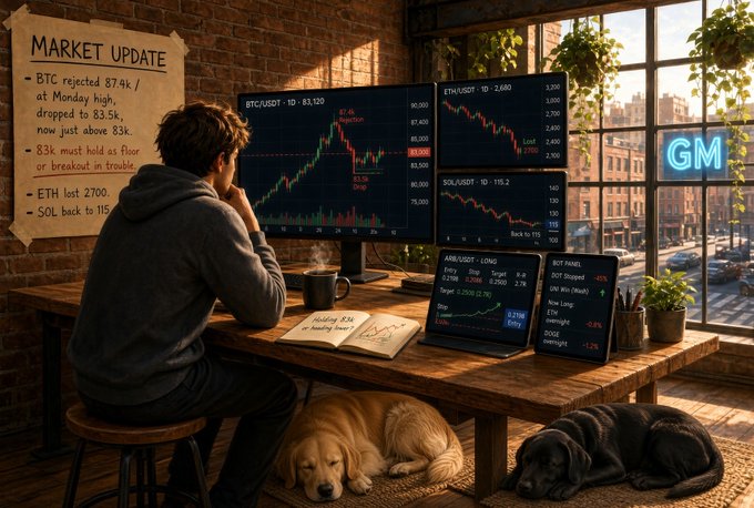 An illustrated scene of a person at a desk analyzing cryptocurrency charts, with a whiteboard showing 'MARKET UPDATE' notes about BTC at $7.4k, ETH at $83.5k, ETH at $2700, and SOL back to $115.